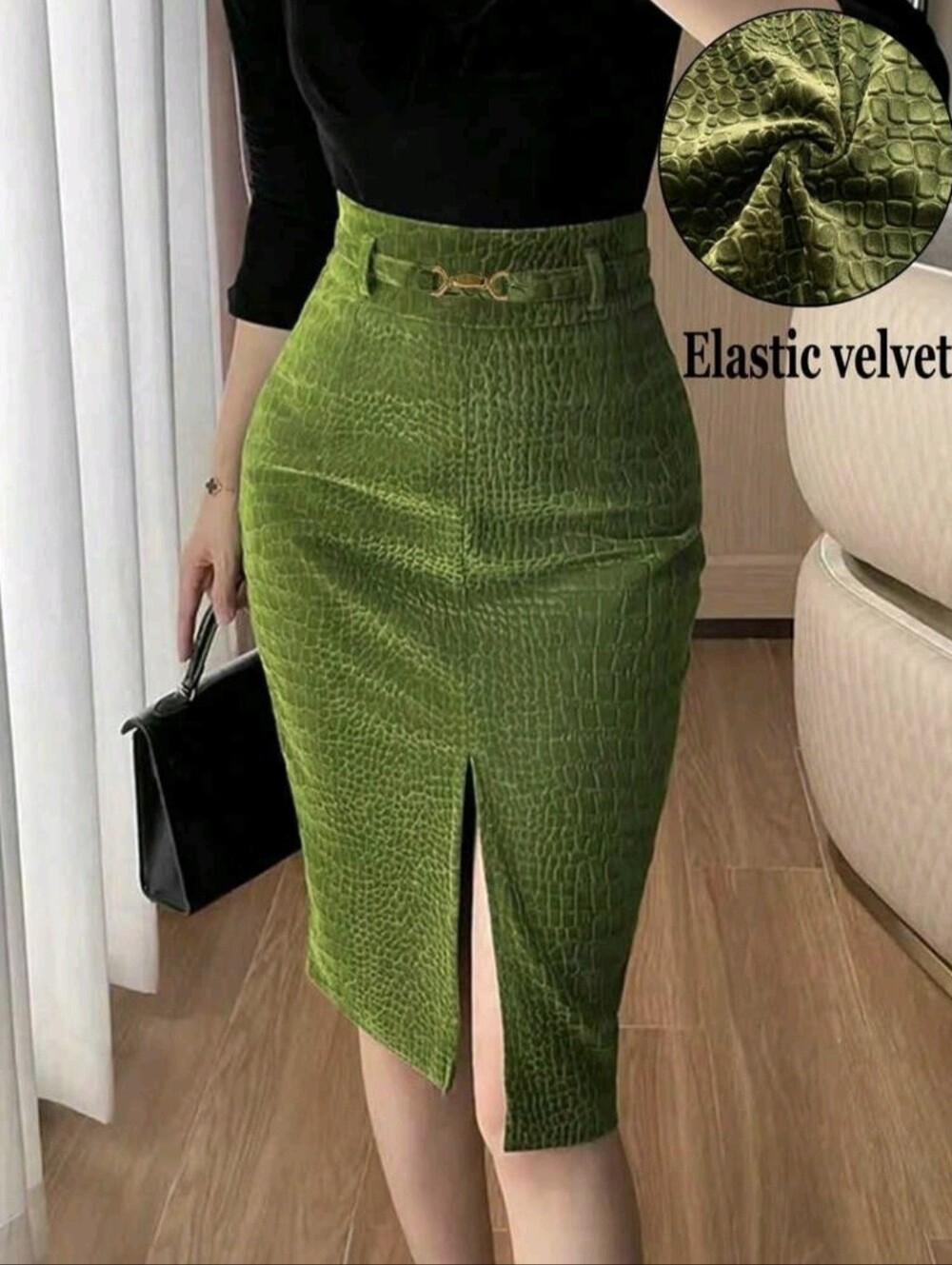 Women's Elegant Velvet Embossed Wrap Skirt With Lining, High Waist Slit With Met